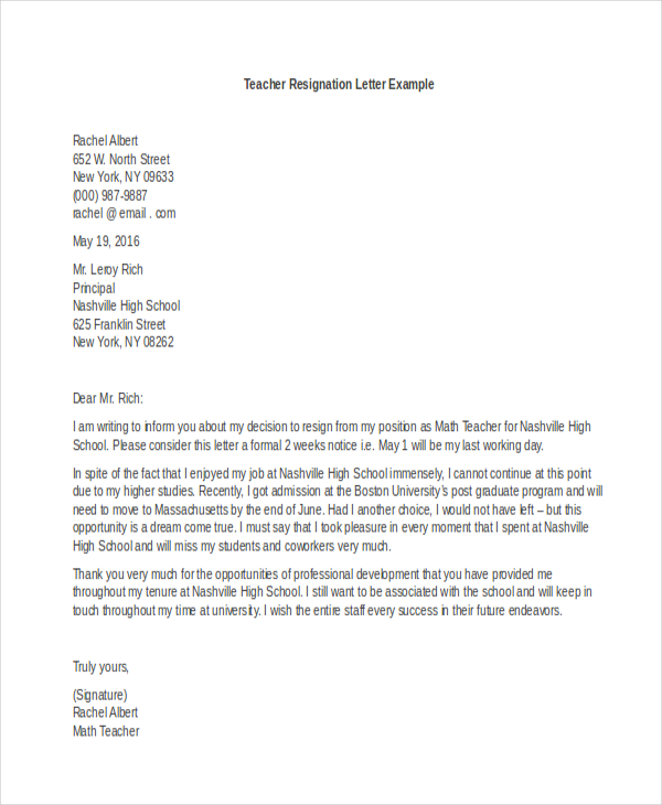 Job Resignation Letter Example from images.sampleforms.com