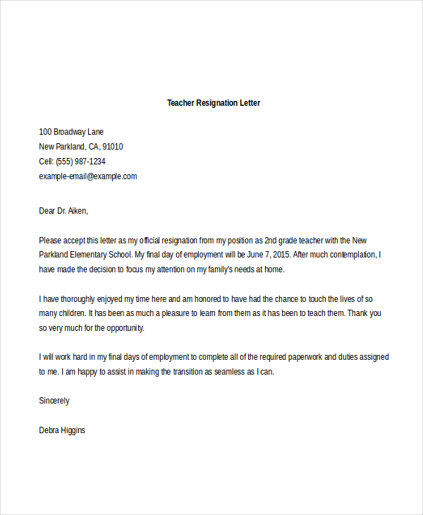 Teacher Letter Of Resignation Samples from images.sampleforms.com