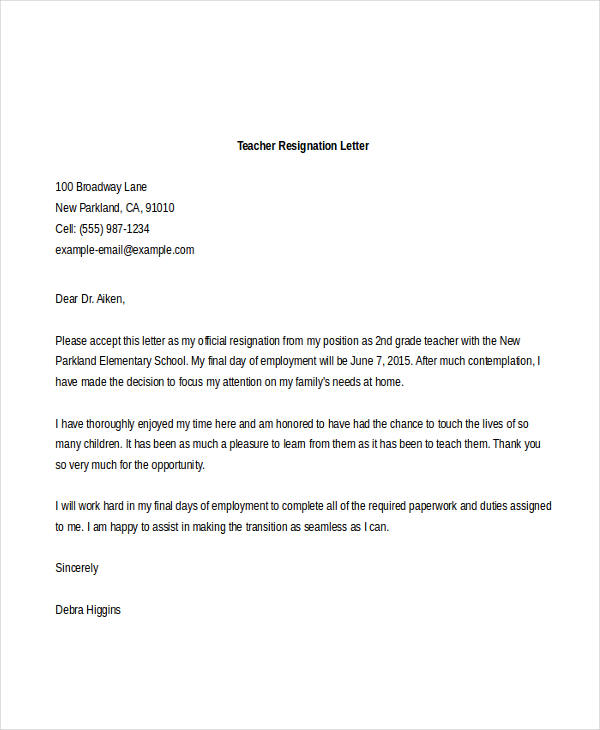 Teacher Letter Of Resignation Template from images.sampleforms.com