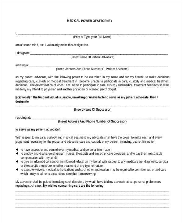 temporary medical power of attorney form