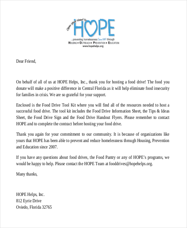 thank you letter for food donation