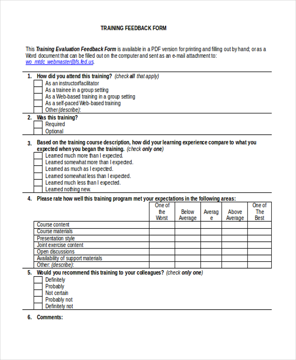training feedback form example