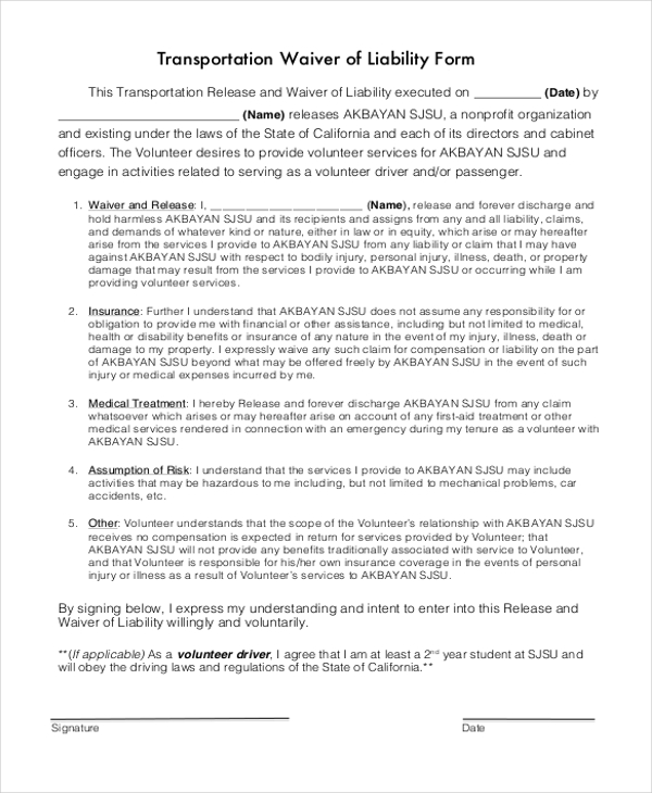 transportation waiver of liability form