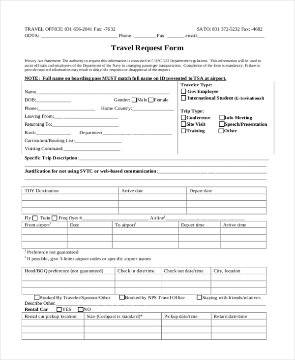 FREE 21+ Sample Travel Forms in PDF MS Word Excel