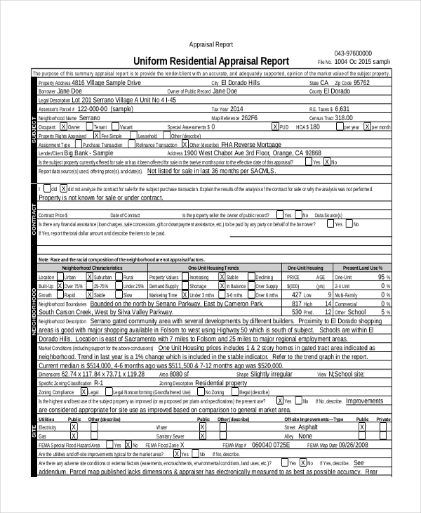 Uniform Residential Appraisal Report Form Review Boar 3416