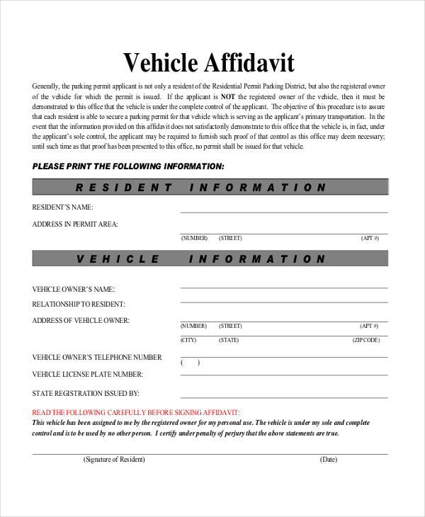 vehicle affidavit form