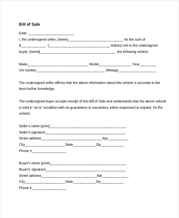 vehicle bill of sale form