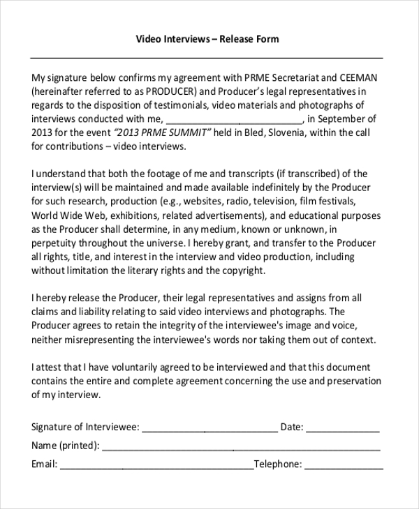 FREE 11+ Sample Video Release Forms in PDF MS Word