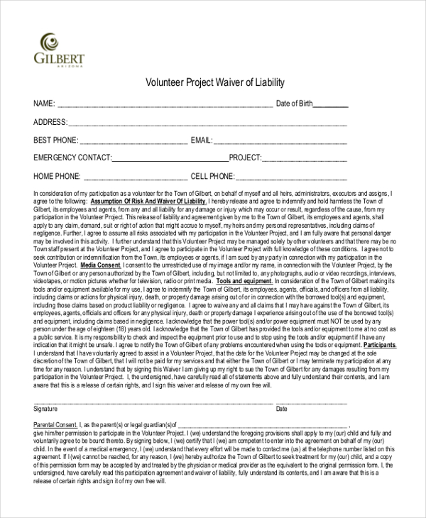 volunteer project waiver of liability
