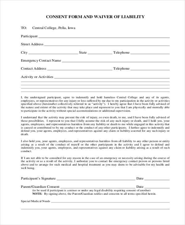 Free 10 Sample Waiver Of Liability Forms In Pdf Ms Word 0084