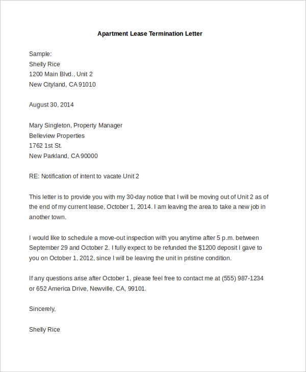 apartment lease termination letter