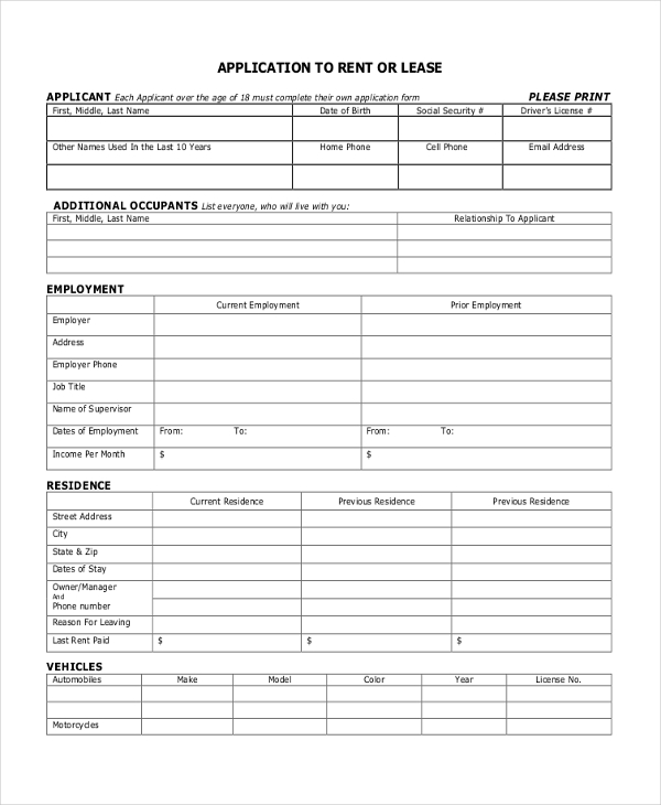 application to rent or lease a appartment