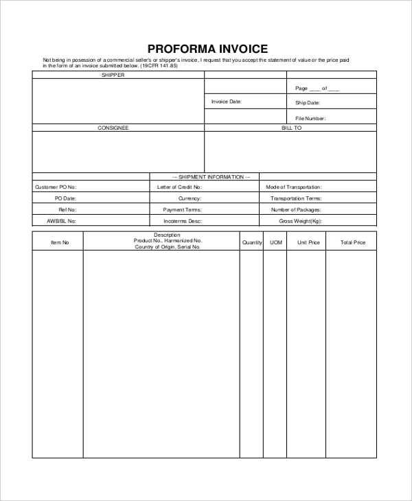 invoice form proforma blank Invoice FREE XLS  10 PDF Sample Forms   in Blank