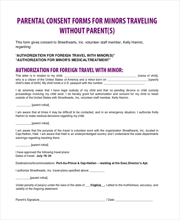 child consent traveling without parent