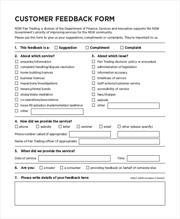 customer feedback form example