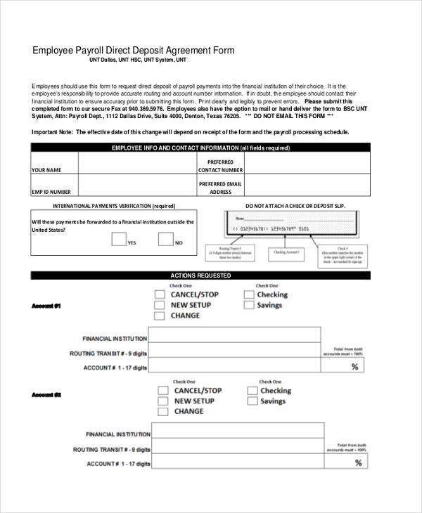 employee payroll deposit agreement form