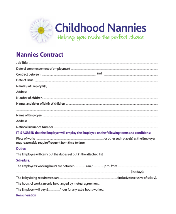 FREE 10+ Sample Nanny Contract Forms in MS Word Pages PDF