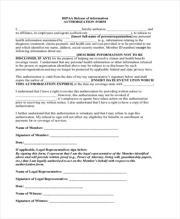 hipaa release of information form