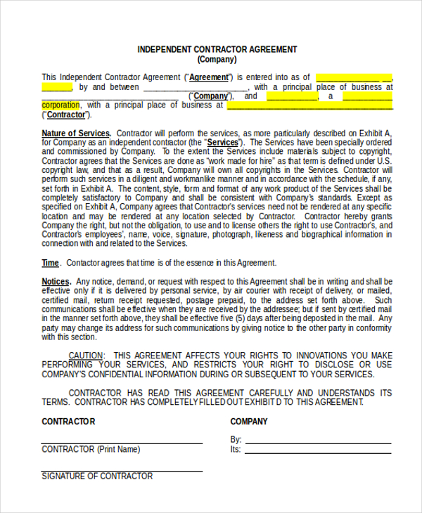 Free 12 Sample Independent Contractor Agreement Forms In Pdf Ms Word Excel