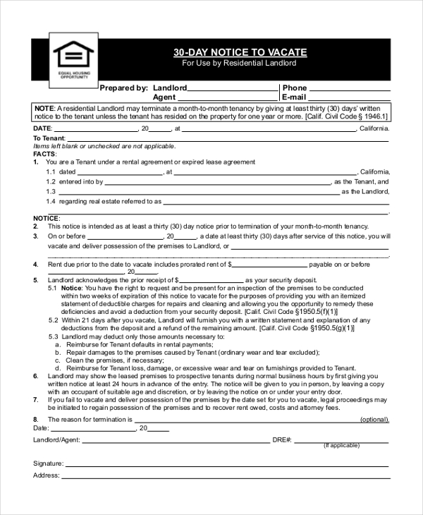 landlord 30 day notice to vacate form