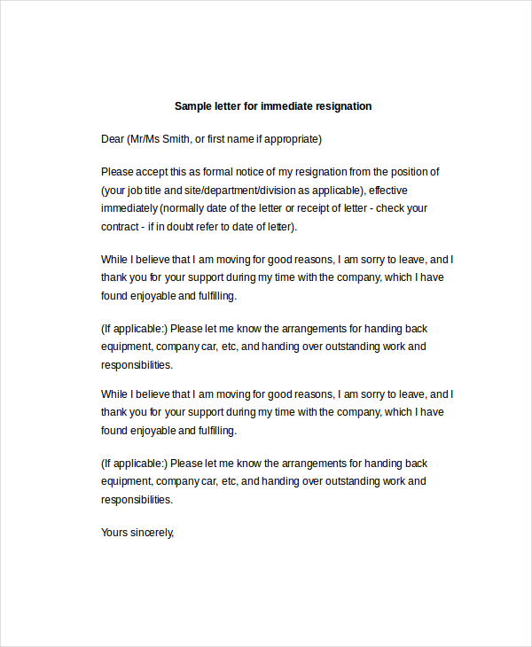 letter of immediate resignation