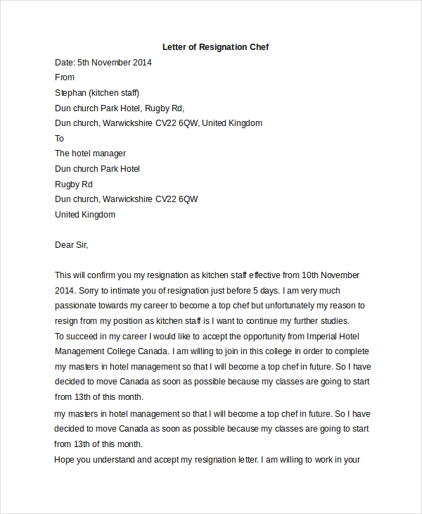 letter of resignation chef
