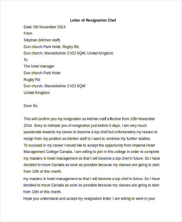 Executive Chef Resignation Letter Sample