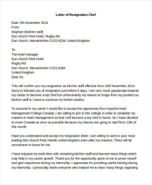 letter of resignation chef3