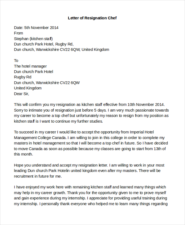 Chef Resignation Letter Template