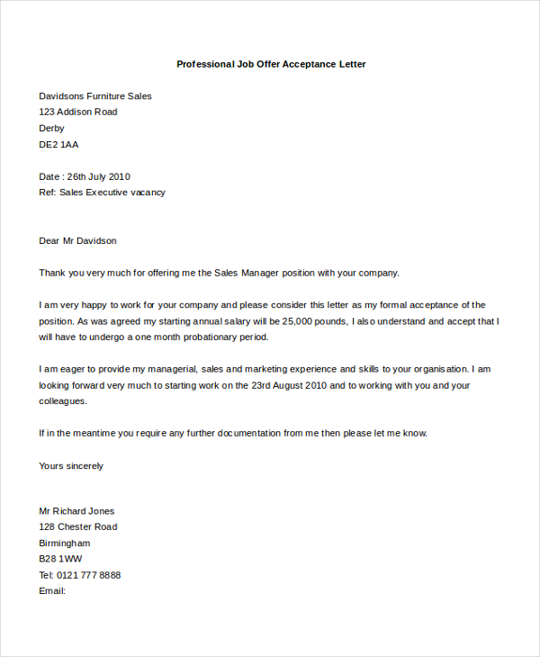 Job Offer Acknowledgement Letter