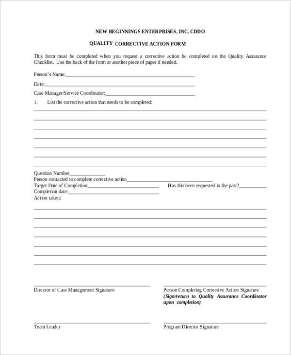 quality corrective action form