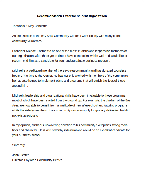 recommendation letter for student organization