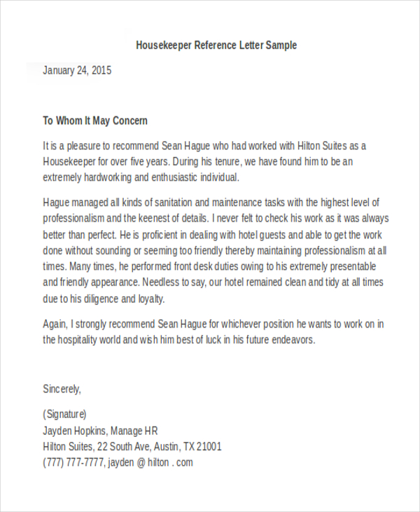 reference letter housekeeper