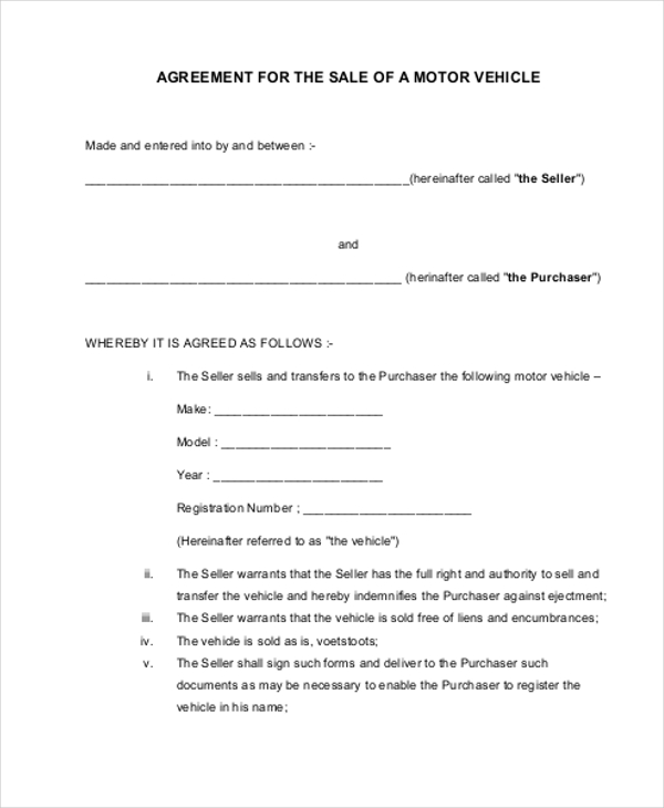 agreement for the sale of a motor vehicle