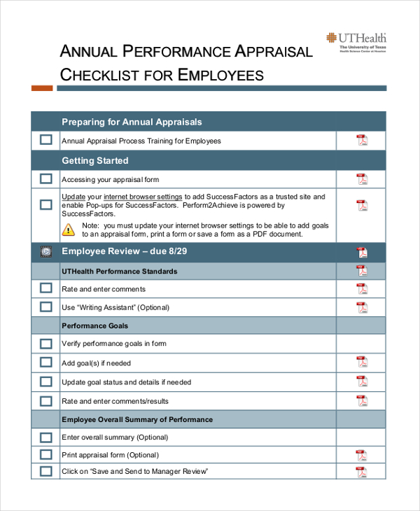 annual performance appraisal checklist for employees