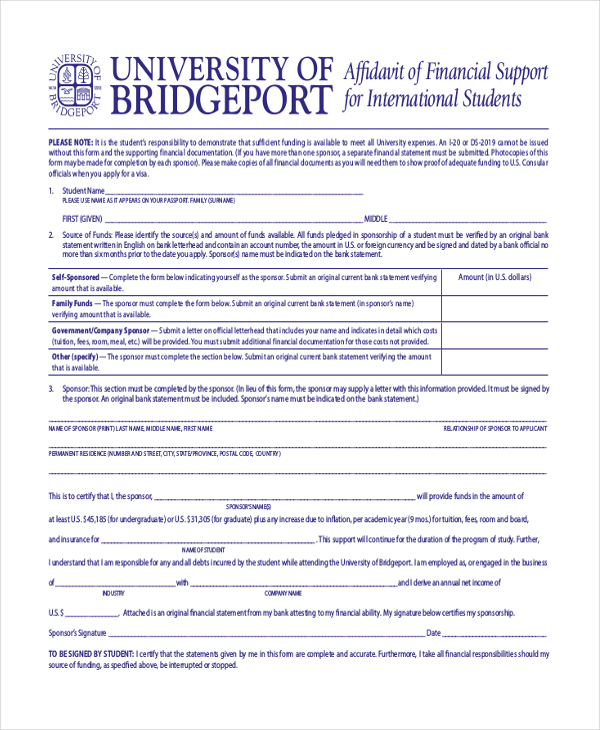 affi davit of financial support for international students