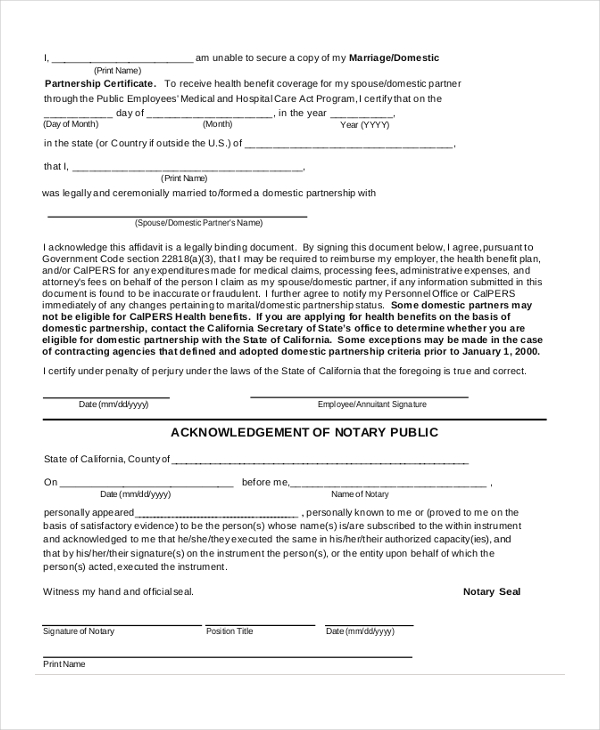 affidavit form for proof of marriage