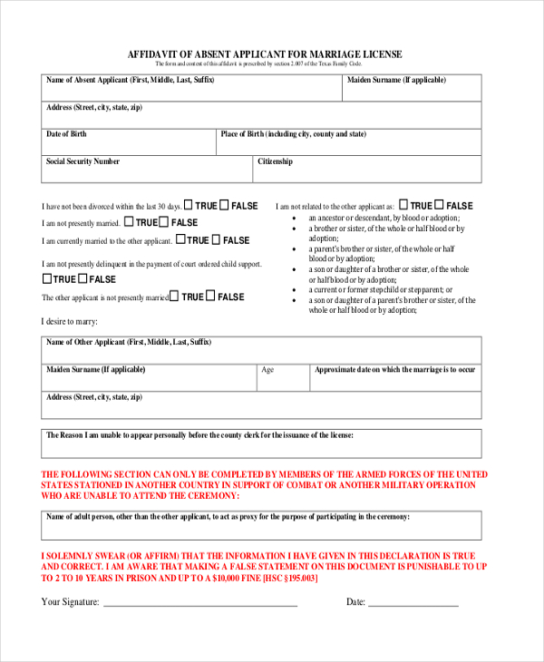 Free 10 Sample Affidavit Forms For Marriage In Pdf Ms Word