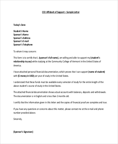 affidavit of support sample letter