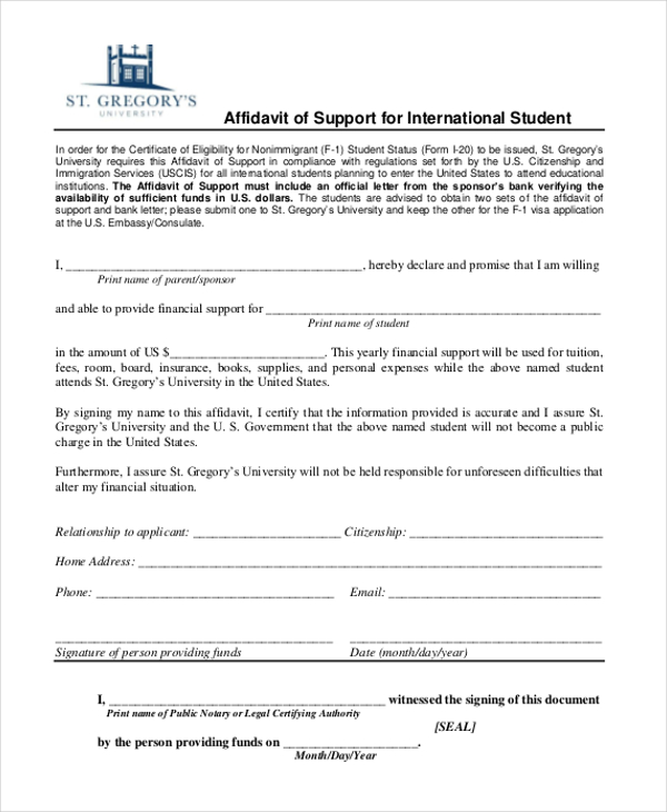 affidavit of support for international student