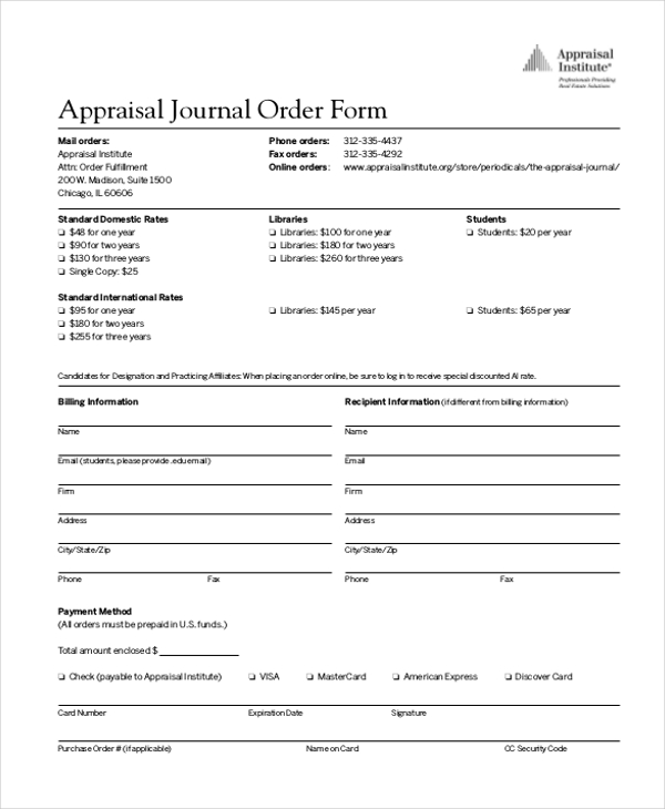 appraisal journal order form