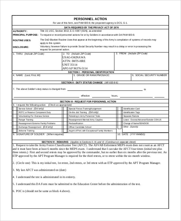 army personnel action form