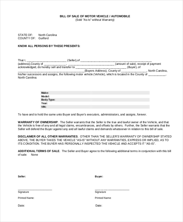 notarized bill of sale template for car