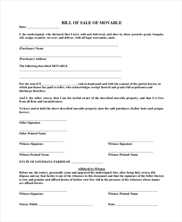 bill of sale of movable