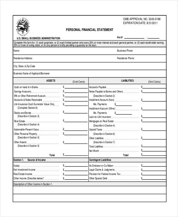 Free 6 Sample Personal Financial Statement Forms In Ms Excel Pdf Ms Word 9873