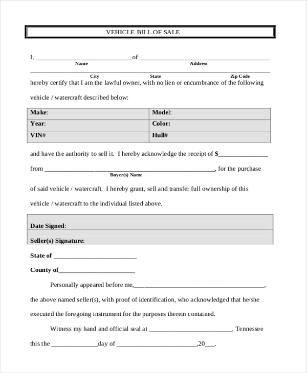 FREE 7+ Sample Bill of Sale Forms For Vehicle in PDF | MS Word