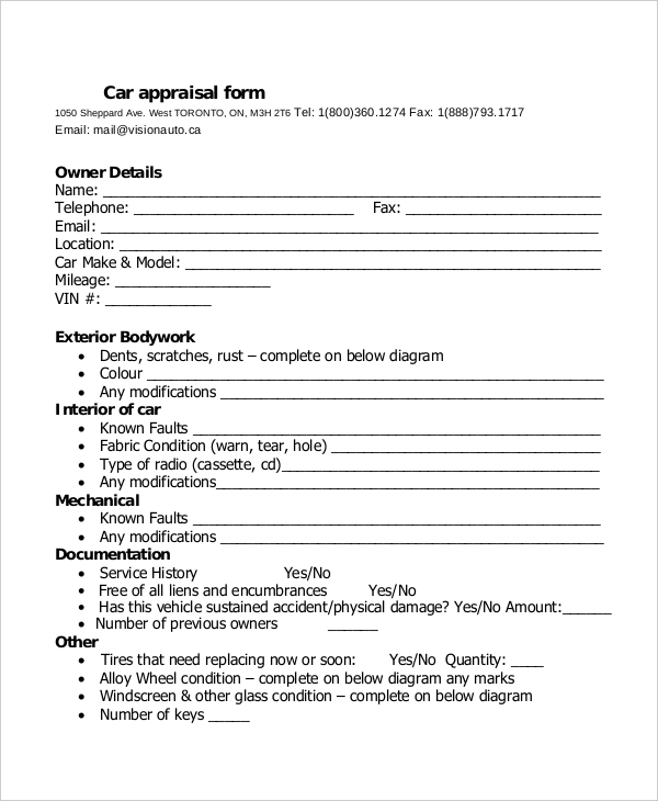 blank car appraisal form
