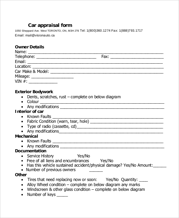 FREE 8 Sample Car Appraisal Forms In PDF MS Word