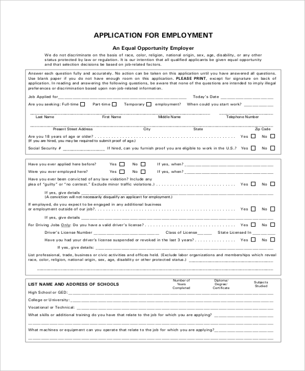 FREE 10 Sample Blank Job Application Forms In PDF MS Word Excel