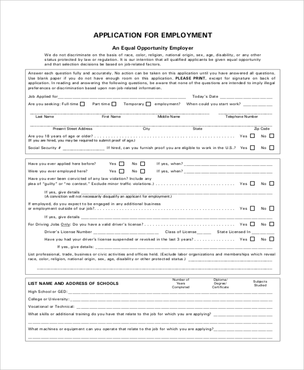 Free 10 Sample Blank Job Application Forms In Pdf Ms Word Excel 0034
